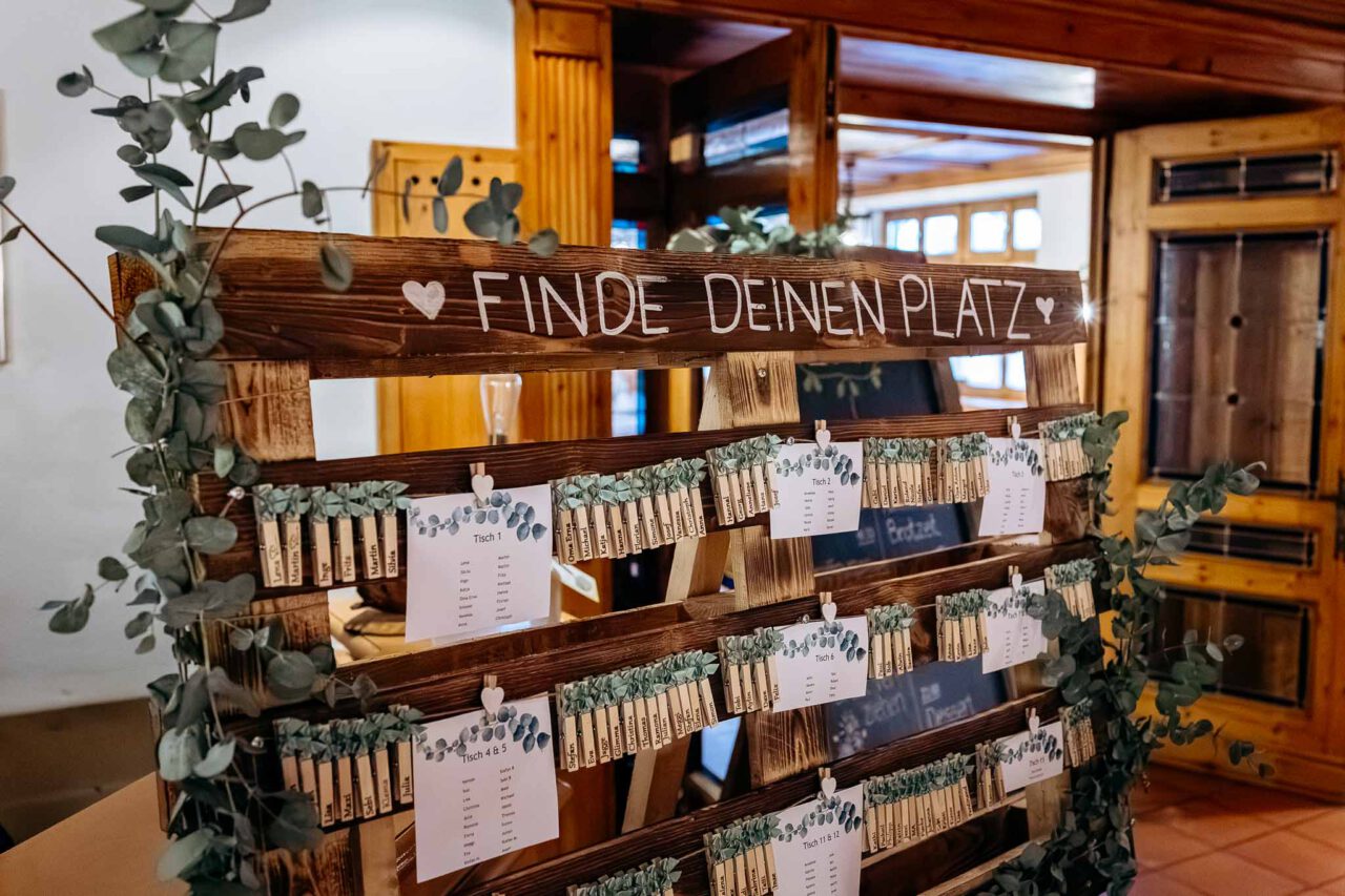 Eingangsbereich mit Tafel mit Platzkarten bei der Hochzeitsfeier im Fuchswirt Allershausen